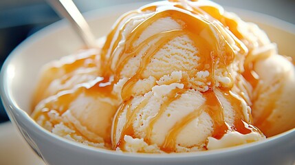 Wall Mural -   A clear image captures a close-up of an ice cream bowl topped with glistening caramel