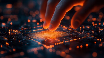 Poster - A hand reaches out to interact with glowing holographic symbols above a circuit board, showcasing advanced technology and digital interaction.