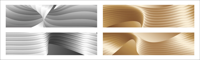 Wall Mural - Wavy silver and gold parallel gradient lines, ribbons, silk. Set of 4 backgrounds. Black and white with shades of gray or golden silk. Banner, poster. eps vector