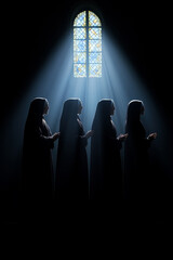 Poster - Group of nuns singing in a small chapel light streaming through stained glass windows emphasizing unity and devotion in worship 