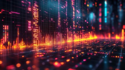 Poster - Colorful holographic symbols and data streams create a dynamic digital landscape, showcasing technology's impact in a vibrant, futuristic setting.