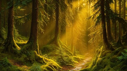 Canvas Print -   A middle forest trail bathed in sunlight, surrounded by lush green trees and damp earthy moss carpeting the ground