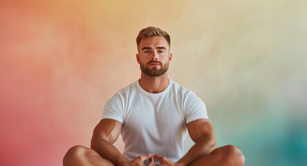 Poster - Handsome man with calm expression sitting cross-legged in meditation pose on a soft pastel background warm tones highlighting peaceful and serene atmosphere with light gradients behind him 