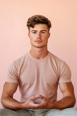 Canvas Print - Handsome man with calm expression sitting cross-legged in meditation pose on a soft pastel background warm tones highlighting peaceful and serene atmosphere with light gradients behind him 