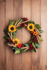 Wall Mural - Harvest wreath made of wheat, berries, and sunflowers against a rustic wood background warm tones invitation text space at the top 