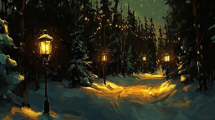 Wall Mural - painting depicts snow-covered road lit by street lamp