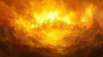 Sticker -   A stunning artwork portraying a vibrant yellow-orange sky with majestic mountains rising from its midst, all framed by billowing clouds above