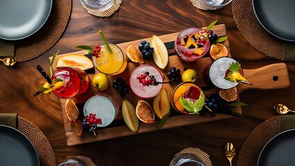 Tasty alcohol cocktails on wooden board with fruits on table