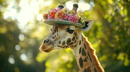   A giraffe with a flower-adorned hat in its head and a tree in the background is being depicted