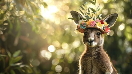 Poster -   Close-up of kangaroo wearing a floral hat against tree background