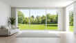 © fotogurme - Modern living room with large PVC windows offering a panoramic view of a green garden bright natural light cozy and inviting home atmosphere