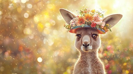 Wall Mural - a close-up of a kangaroo wearing a hat and holding flowers in its head