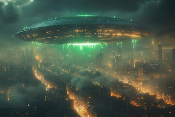 dramatic alien invasion scene massive ufo hovers over a city skyline at night eerie green lights chaotic streets panicked crowds futuristic technology meets urban landscape in a tense standoff