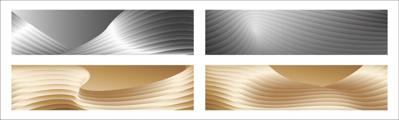 Wavy silver and gold parallel gradient lines, ribbons, silk. Set of 4 backgrounds. Black and white with shades of gray or golden silk. Banner, poster. eps vector