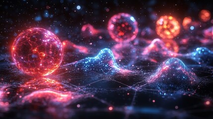 Poster - Colorful holographic symbols display intricate patterns of particles and energy in a digital environment, showcasing advanced technology.