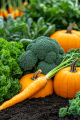 Wall Mural - organic vegetable garden with a rich soil color background, surrounded by kale, carrots, broccoli, pumpkin 