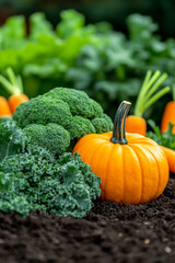 Wall Mural - organic vegetable garden with a rich soil color background, surrounded by kale, carrots, broccoli, pumpkin 