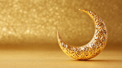 Poster - Ornate crescent moon with intricate patterns glowing softly against a radiant golden background symbolizing Ramadan elegance and spirituality 