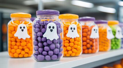 Canvas Print - Playful Halloween showcase with colorful candy jars, floating ghost cutouts, and vibrant orange and purple banners cheerful and inviting display for all ages 