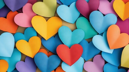 Wall Mural -   A heart-shaped pattern of colorful paper hearts is displayed on a brown background, providing space for text addition