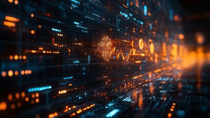 Poster - A series of holographic symbols illuminate a virtual landscape filled with vibrant lines, representing different categories in a digital space.