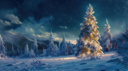 Wall Mural - moonlit winter wonderland majestic snowcovered pine tree stands against a deep indigo sky twinkling with stars intricate frost patterns on branches soft glow from distant cabin windows