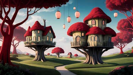 Wall Mural - Fantasy Whimsical Tree Houses in Surreal Landscape