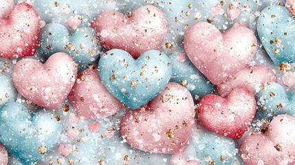 Wall Mural -   A collection of pink and blue hearts with golden highlights on a blue and pink backdrop, featuring snowflakes