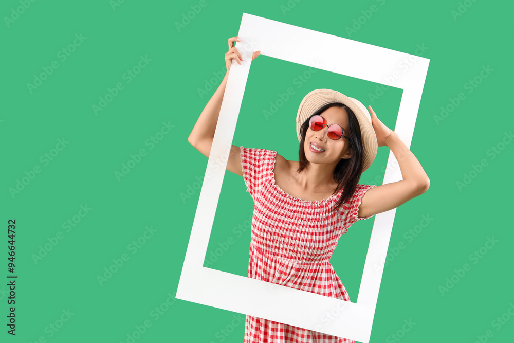 Stylish young beautiful Asian woman with frame on green background