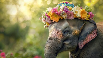 Sticker -   Close-up of an elephant wearing a flower crown, set against a lush forest backdrop