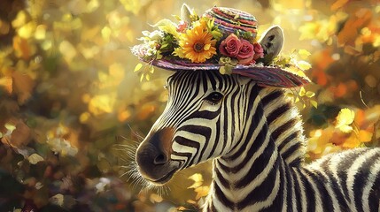 Canvas Print -   Zebra wearing colorful hat with flowers on head surrounded by leaves and flowers