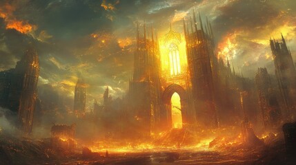 Poster - A Glowing Gateway to a City engulfed in Fire