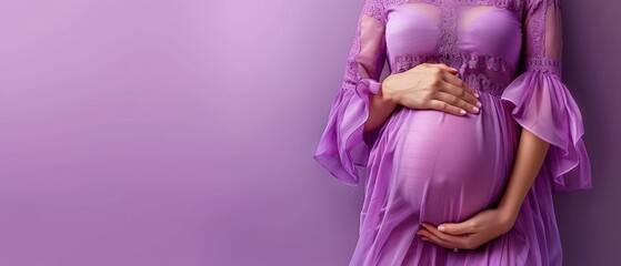 Wall Mural - Elegant pregnant woman in a purple dress, gently holding her belly, radiating joy and anticipation. Free copy space for banner.