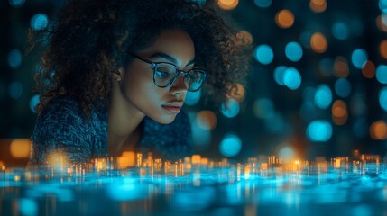 Poster - A group of holographic tax advisors provides real-time guidance, showcasing innovative technology in a vibrant, illuminated environment.