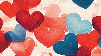   Red, blue, and pink hearts on a white background, with red, white, and blue hearts