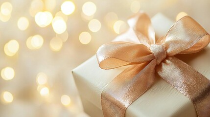 Poster -   White gift box on white surface with gold ribbon and white background