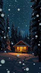 Wall Mural - Remote Cabin in the Snowy Woods at Night