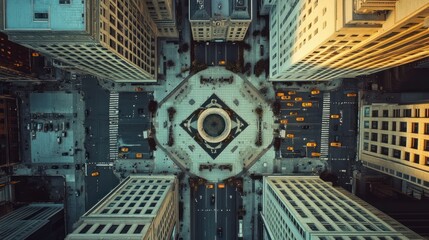Poster - Aerial View of City Intersection with Fountain and Yellow Taxis