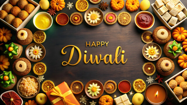 diwali sweets and happy diwali text with copy spac