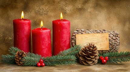 Canvas Print -   A trio of red candles adjoins a pinecone and a pinecone with a picture frame