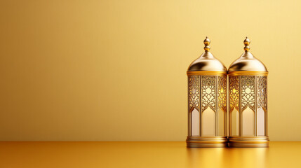 Wall Mural - Traditional brass lanterns emitting warm light against a rich golden background surrounded by subtle Islamic patterns symbolizing Ramadan warmth 