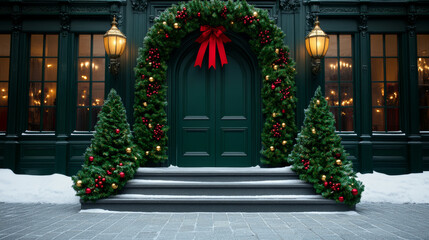 Sticker - Traditional Christmas shop entrance wreath heavy with berries pine cones red ribbons deep green garlands warm golden lanterns snow-covered steps old-town charm snowy evening 