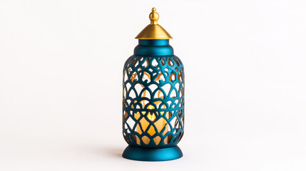 Poster - Traditional Ramadan lantern glowing with intricate patterns isolated on a white background vibrant golden and deep blue colors conveying festive warmth and spiritual celebration 