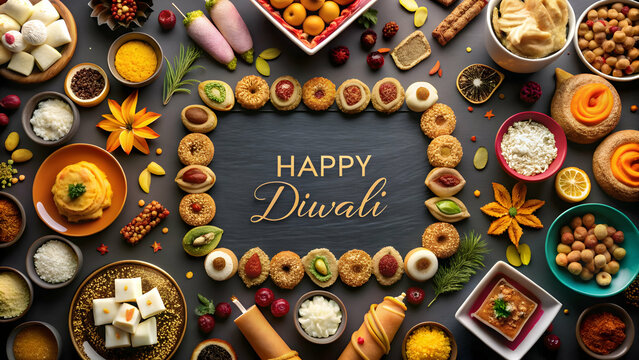 diwali sweets and happy diwali text with copy spac