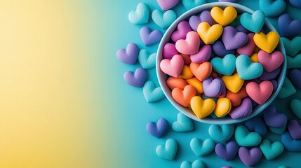 Wall Mural -   A bowl filled with heart-shaped candies on a blue and yellow background alongside other candies