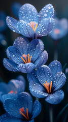 Poster - Spring flowers of blue crocuses in drops of water on the background of tracks of rain drops