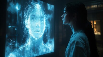 Poster - A person engages with a holographic television that features a realistic, interactive digital character, highlighting advanced technology.