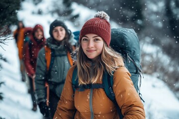 Canvas Print - A group of young hikers trek through a snowy mountain trail during winter, enjoying the fresh snow and chilly weather