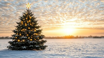 Sticker -   Snowfield + Christmas tree + Sunset + Clouds