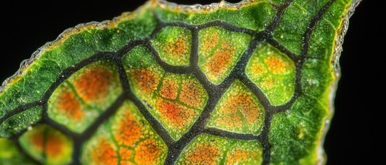 Close-Up of a Green Leaf with Orange Spots and Veins